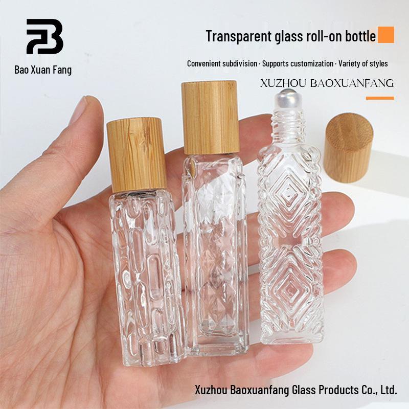 10ml Embossed Glass Rollerball Perfume Bottle – Portable, Refillable Roll-on 12ML Embossed; Bamboo Cap; Glass