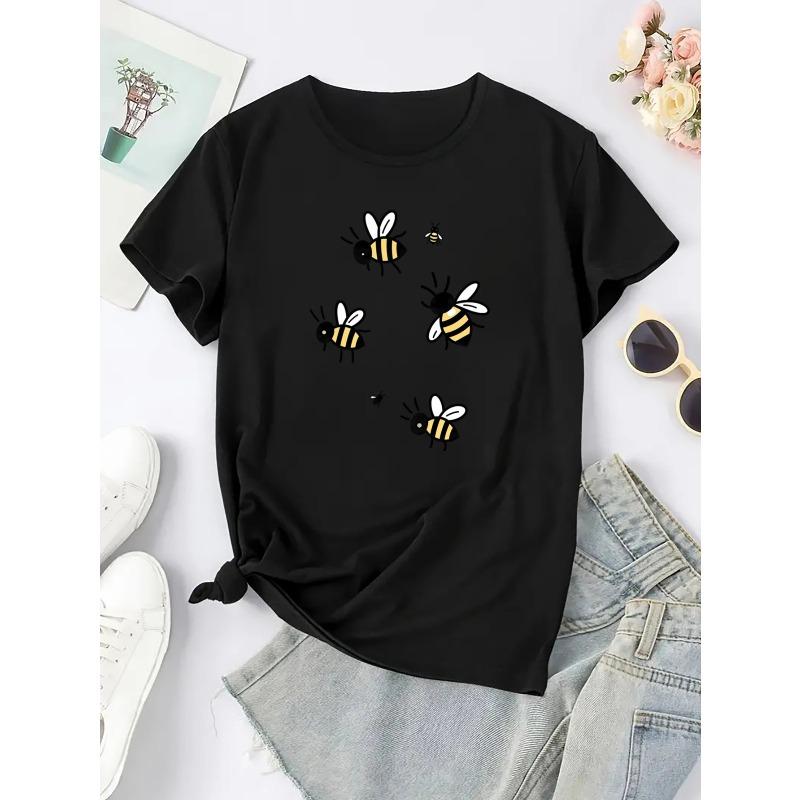 Bee Print T-Shirt - Soft Breathable Quick-Dry Short Sleeve Top with Beehive & Bee, Casual Round Neck Blouse for Outdoor Summer Wear,