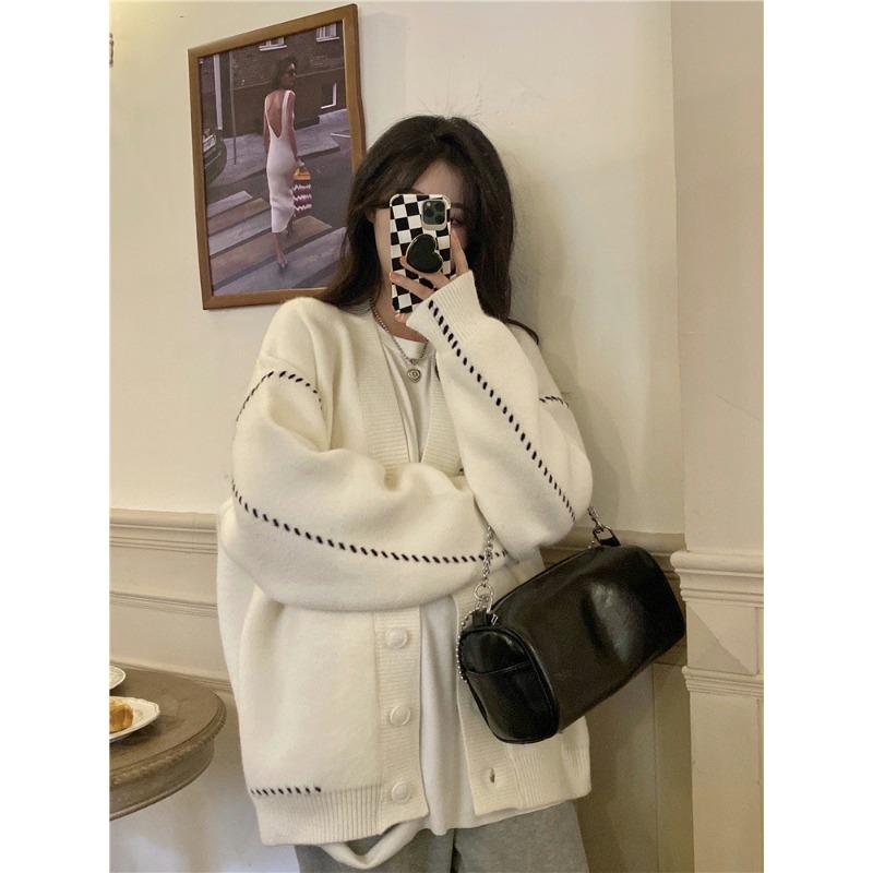 Autumn Winter Patchwork Loose Casual Cardigan Sweater Coat Women Single Breasted Knitting Outwear Top