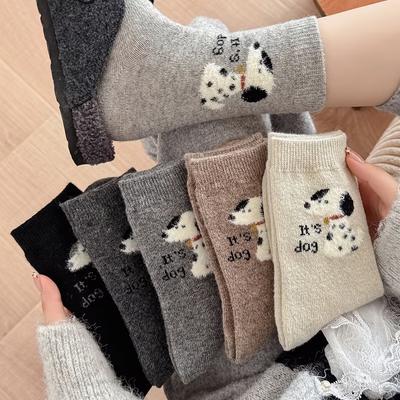 Woolen Socks, Female Spotted Dog Cartoon Autumn and Winter Thickened Mid-calf Socks, Warm Pile Socks
