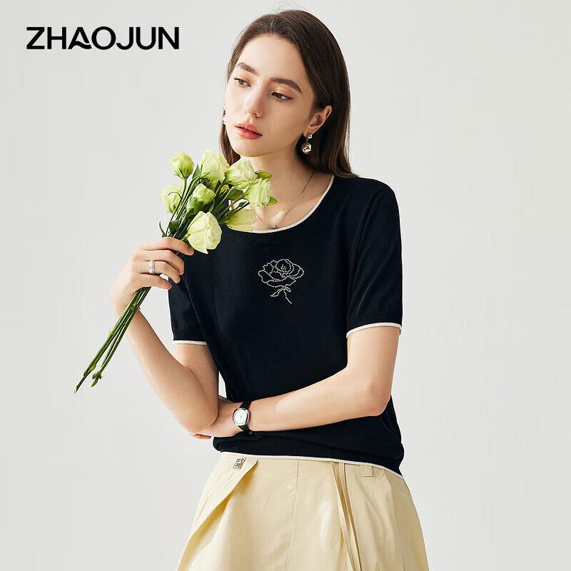 Zhaojun Women's Silk Blend Rhinestone Flower Short Sleeve Knit T-Shirt