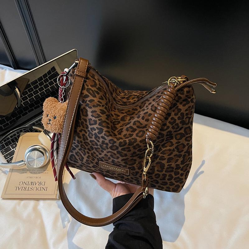 Women's Suede Leopard Print Large-Capacity Retro Crossbody Tote Bag