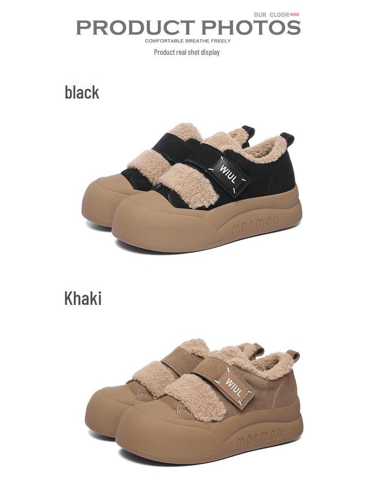 2024 Women's Thick-Soled Genuine Leather Fur Sneakers - Winter Warm, Velvet-Lined, Outdoor Sports Shoes