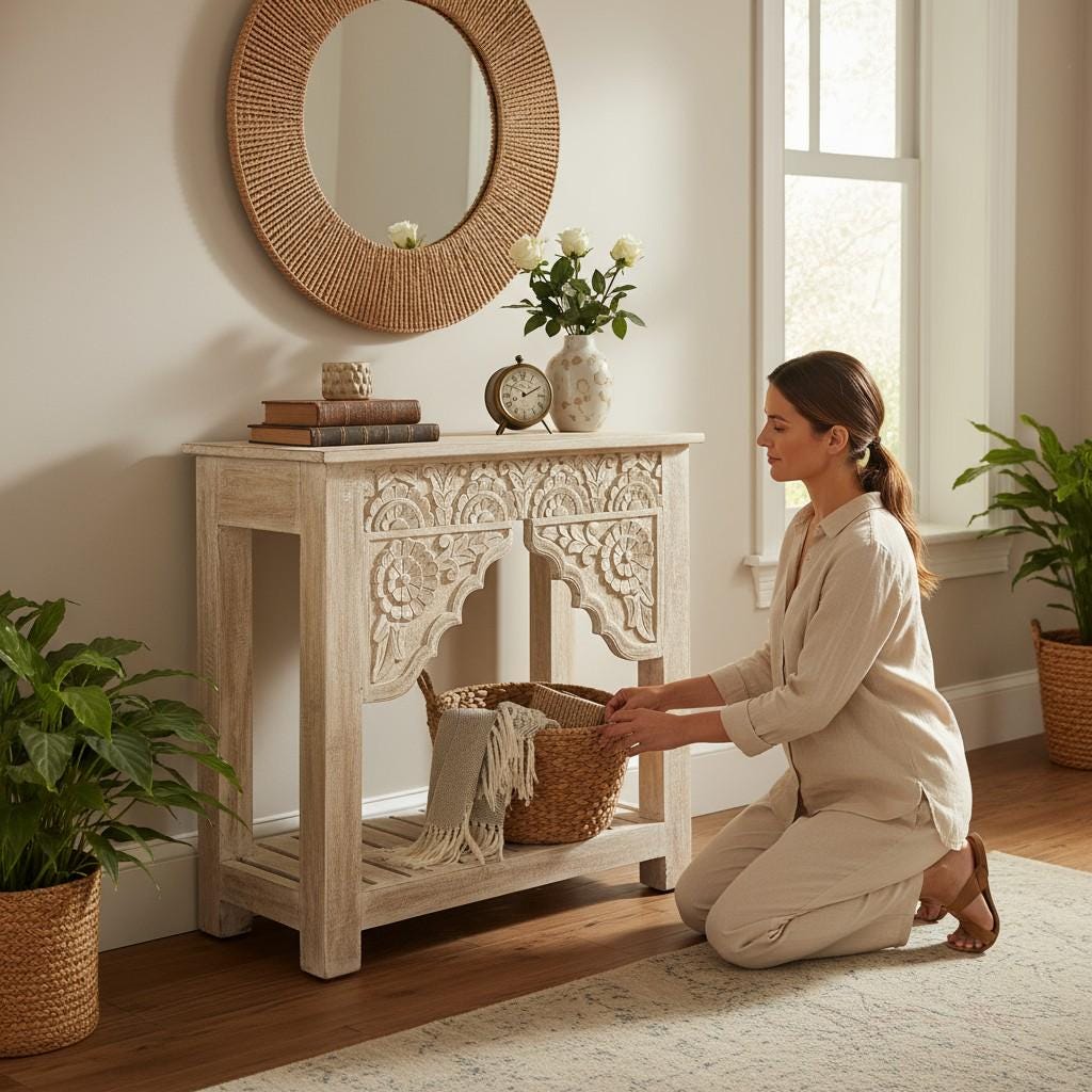 Hand-Carved Wooden Console Side Table Nightstand with Floral Bedside Table with Shelf | Solid Mango Wood Accent Table Traditional Table
