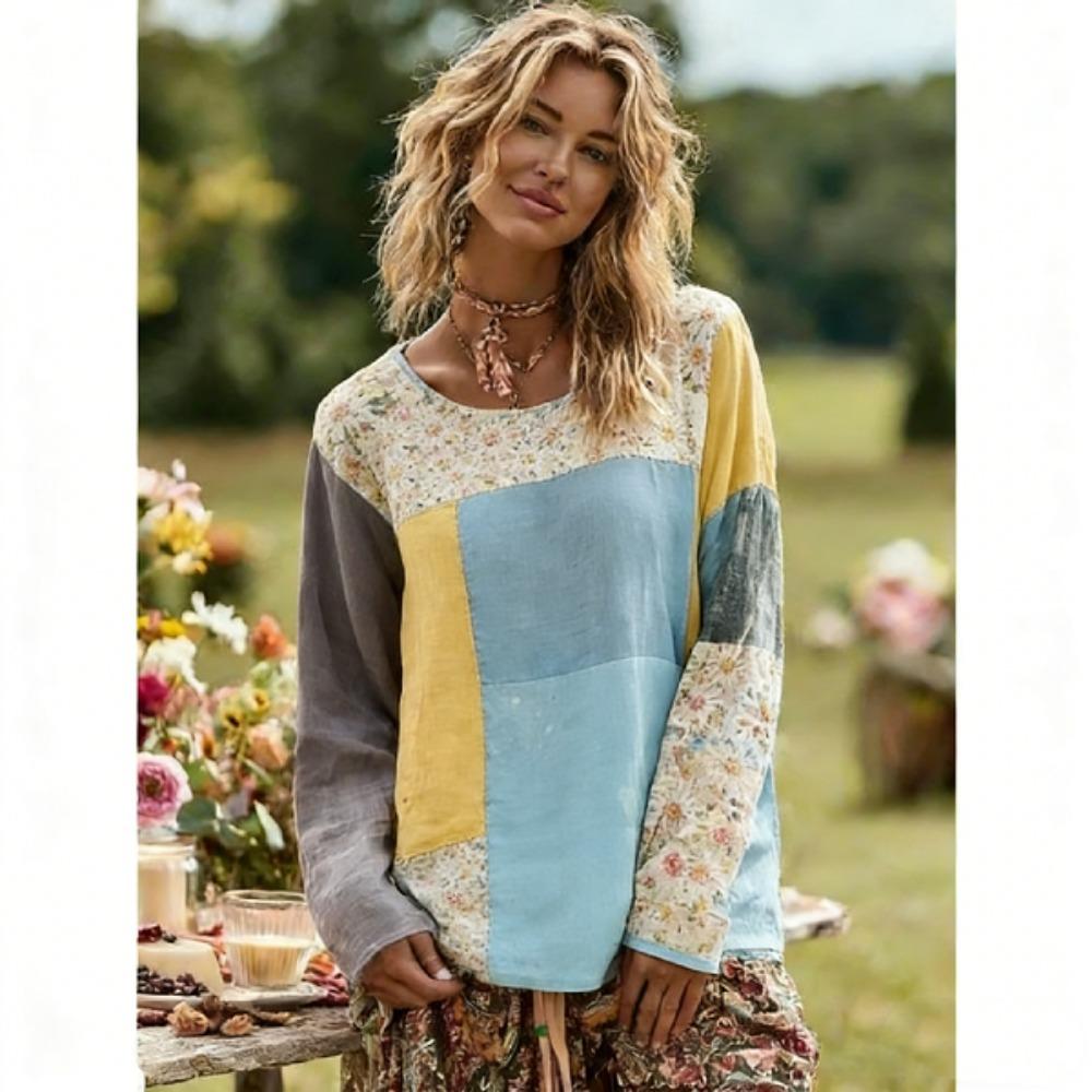Mode Europe Amérique T-shirt Femme Pull Style Bohème T-shirt Manches Longues Femme Hauts Décontractés d'Extérieur