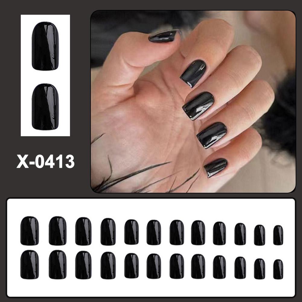 24pcs Black Square Press on Nails Medium Long Fake Nails, 12 Sizes Glossy Acrylic Nails Press on Square Nails Tips Fake Nail Set