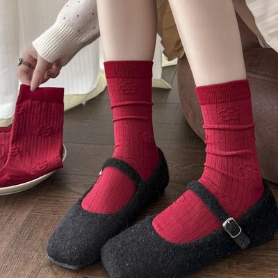 Big Red Socks Season Mid-Tube Cotton Socks Trend Dark Flower English Red Socks Wedding Red Socks