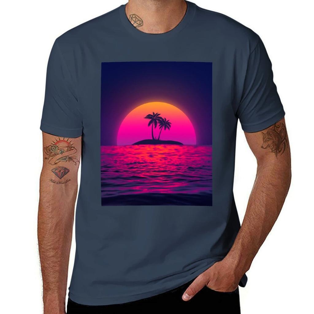 80s Beach Sunset Vaporwave Tshirt Large Size Short Sleeve Tshirt