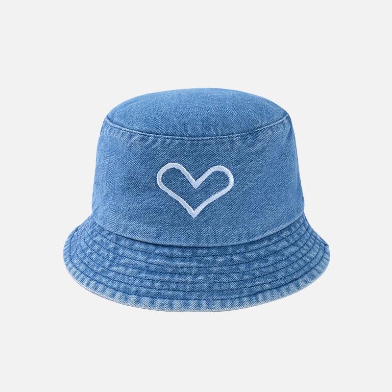 Fashion Denim Fisherman Hat for Women Love Heart Solid Color Wide Brim Sunshade Basin Cap Girls Casual Outdoor Bucket Hat