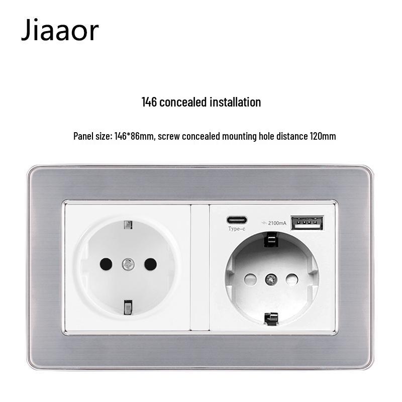 Padrão Europeu Tipo 86 Painel de Interruptor e Tomada de Parede Duplo em Aço Inoxidável com USB-C, Estilo Alemão, Montagem de Parede Embutida.