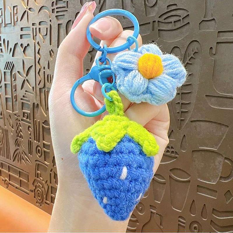Cute Hand Woven Woolen Strawberry Flower Keychain Car Key Jewelry Pendant Women's Bag Decoration for Girls Gift