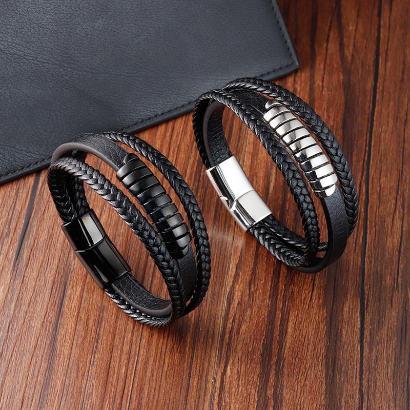 Men Bracelet Fashion Multi-layer Leather Stainless Steel Magnet Clasp Bangles Birthday Jewelry for Male Accessories Gifts