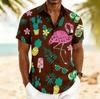 Men's Flamingo Tropical Fruit Print Short Sleeve Shirt, Spring Summer Fun Hawaiian Vacation Blouse, Loose Casual Top