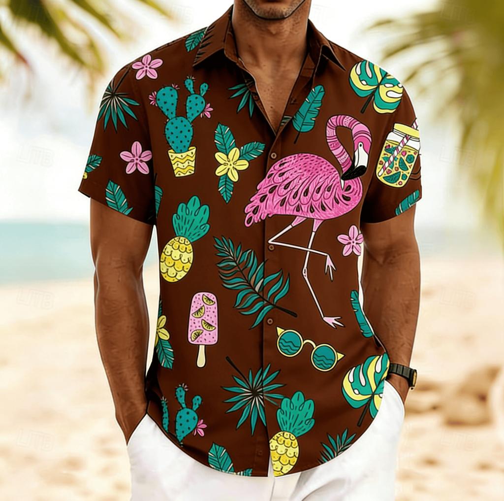 Men's Flamingo Tropical Fruit Print Short Sleeve Shirt, Spring Summer Fun Hawaiian Vacation Blouse, Loose Casual Top