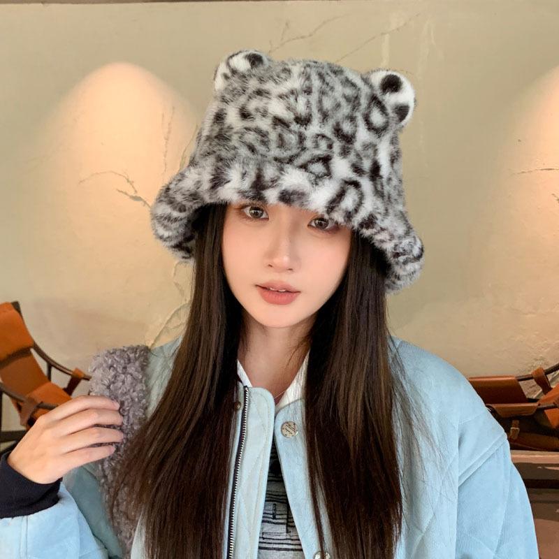 Autumn And Winter Leopard Print Plush Bucket Hat Cute Ears Warm Basin Hat Fashionable Wear Commuter Essential Hat серый