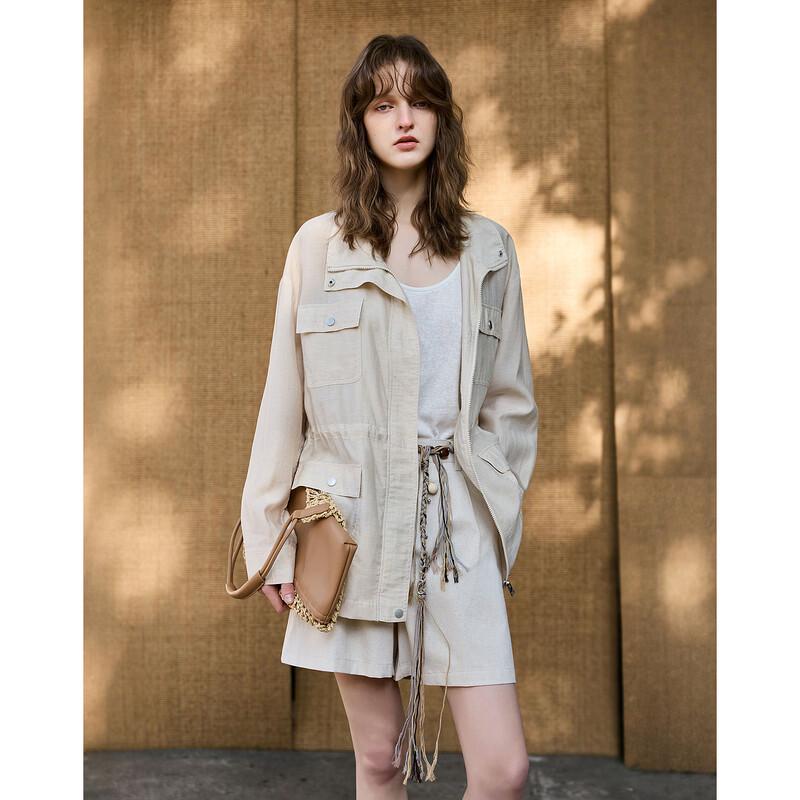 Demana Linen Blend Stand Collar Drawstring Waist Jacket