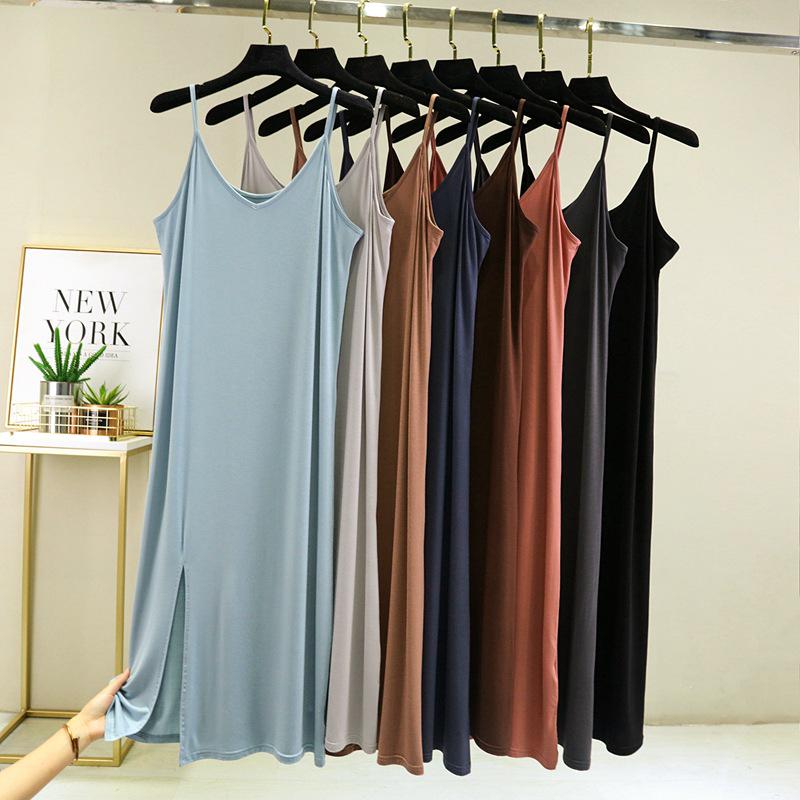 Korean Style Women's Modal Slimming V-Neck Spaghetti Strap Dress with Slit, Plus Size – Spring/Summer Collection