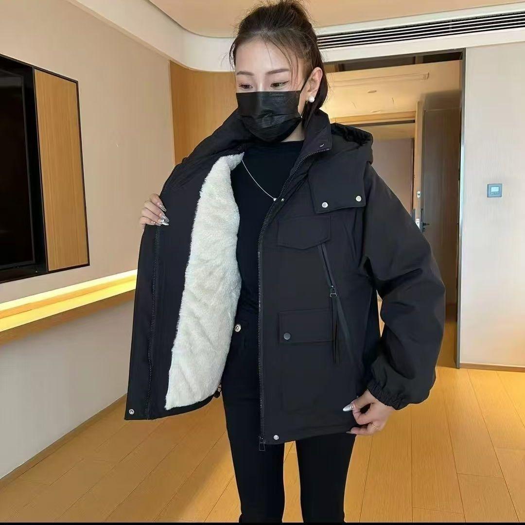 

Хлопковая куртка с капюшоном в корейском стиле 2025 года с флисовой подкладкой M (90-115 cm)