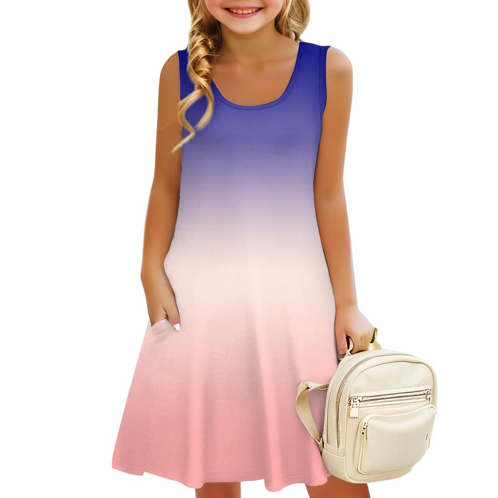 Children's Sleeveless U-neck Summer Gradient Color A-line Casual Holiday Dress