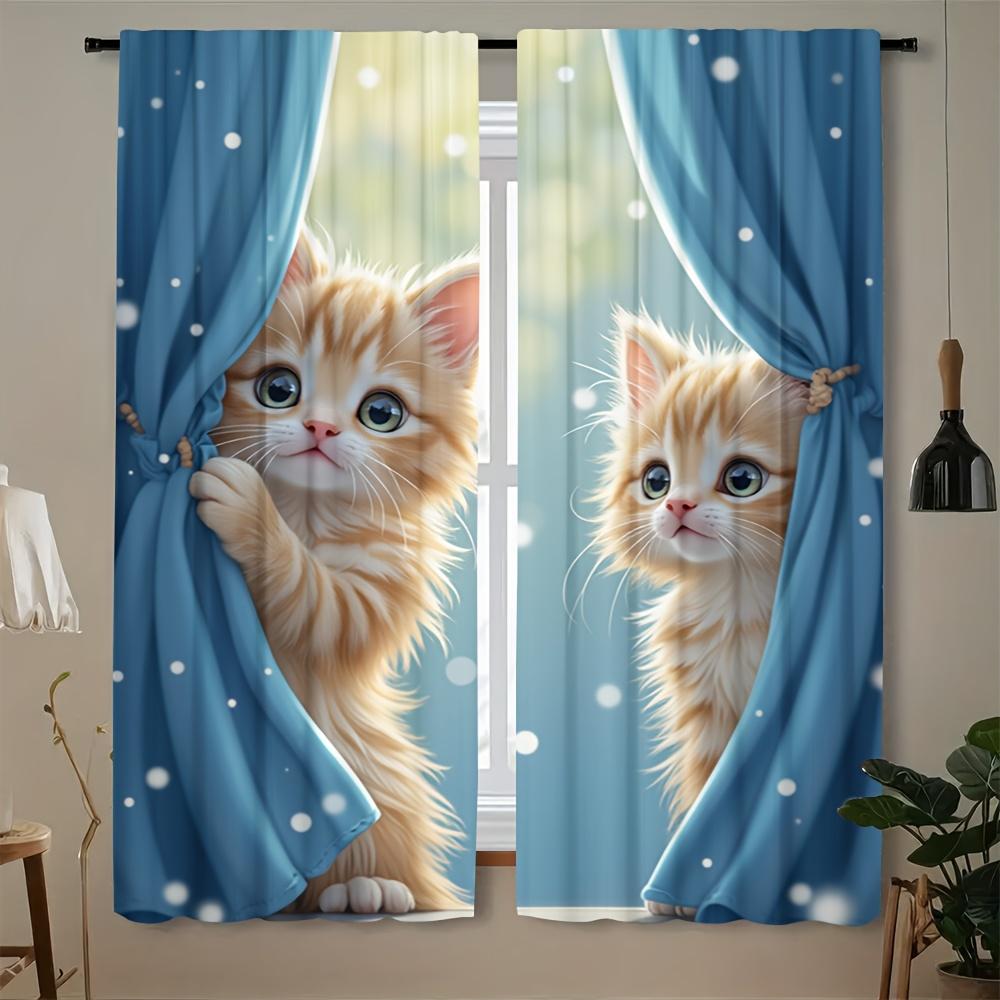 2pcs Adorable Ginger Cat Print Curtains – Easy-Hang   Machine-Washable with Rod Pocket for Living Room & Bedroom