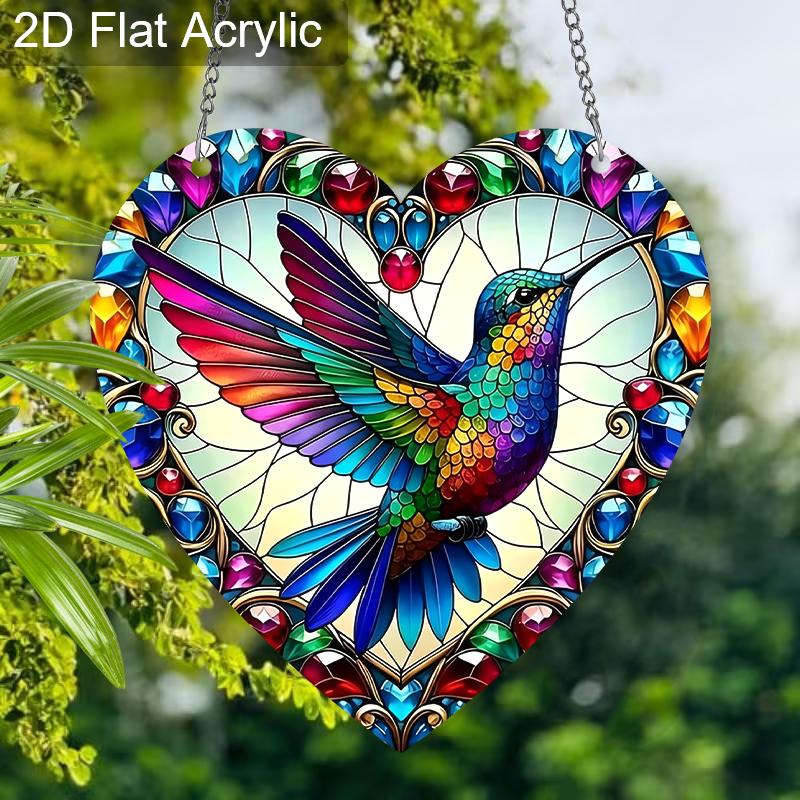 Acrylic Heart-Shaped Hummingbird Suncatcher, Stained Glass Style Window Hanging Ornament for Bird and Colorful Art Lovers