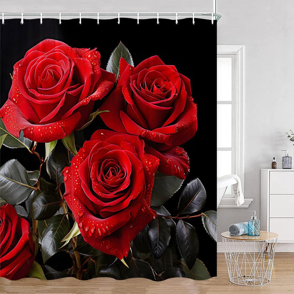 Czerwone Róże Kwiatowy Zasłona Prysznicowa Romantyczny Kwiat Roślina Miłość Romans Zasłona Kąpielowa Poliester Nowoczesna Dekoracja Łazienki z Hakiem