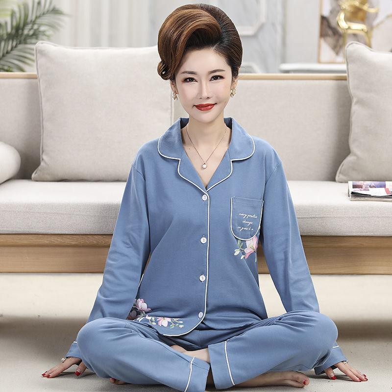 Middle-aged women's 100% pure cotton pajamas women's summer long-sleeved pajamas middle-aged and elderly mother loungewear thin suit