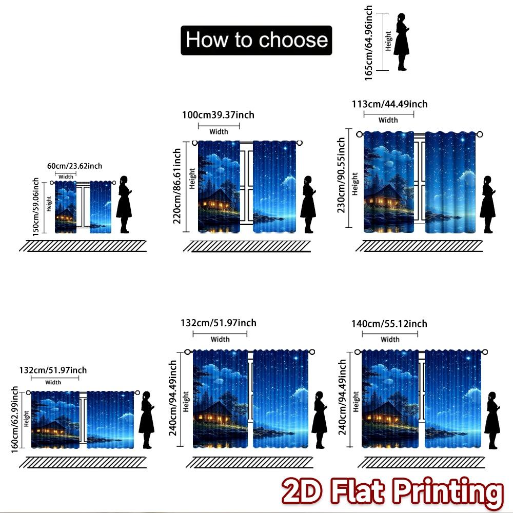 2D flat printing 2pcs Party Curtains Cabin Lake Night Stars Digital Printed Polyester Drapes Seasonal Party & Holiday Decor Use