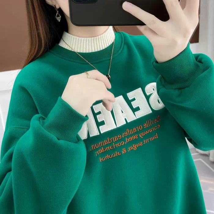Spot integrated fleece sweater women's 2025 new autumn and winter semi-turtleneck fake two-piece top niche coat #2074