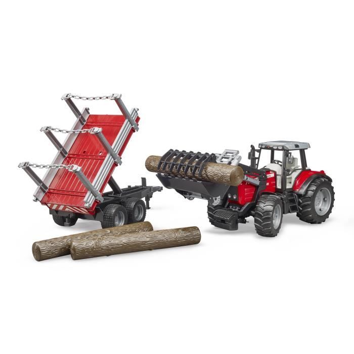 Tracteur MASSEY FERGUSON 7480 Avec Fourche Et Remorque De Transport De Bois - BRUDER