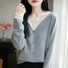 Spring and Summer New Style Lace Edged V-Neck Knitted Shirt with Long Sleeves, Women's Multi-Color Loose Collared Top