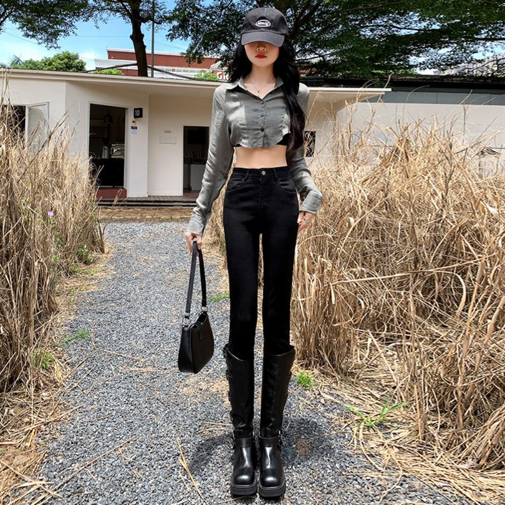 Versatile high-waisted small-footed jeans for women's 2025 new autumn and winter models, slim-fitting and thin jeans