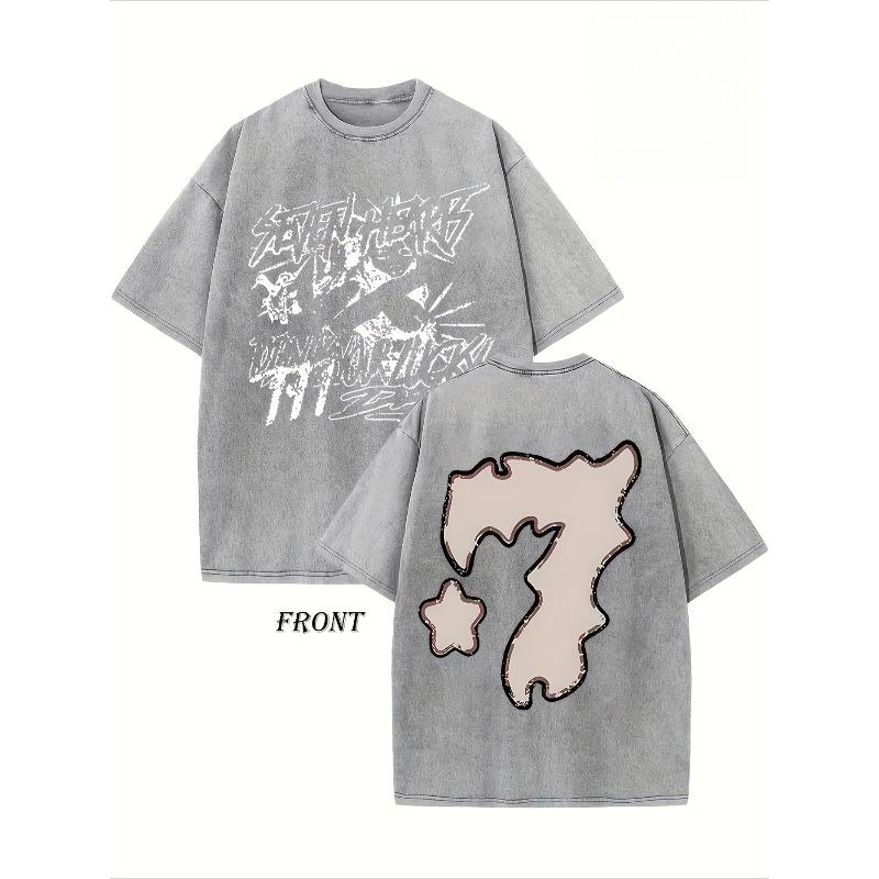 

SEVEN Creative Design Graphic Tee Heavyweight Pure Double-Sided Print Tee Washed Tee Drop Shoulder Tee Men S Vintage Street Tee Loose Hip-Hop Top 5XL сірий