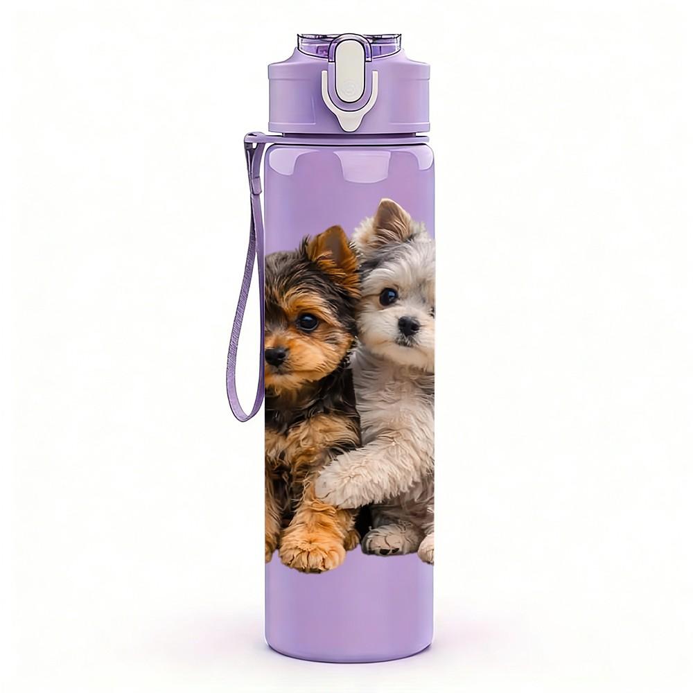 1PC Two Puppy Companion Print 750ml Color Plastic Sports Water Bottle Leakproof Flip Straw Lid Suitable for Sports Office Home Use