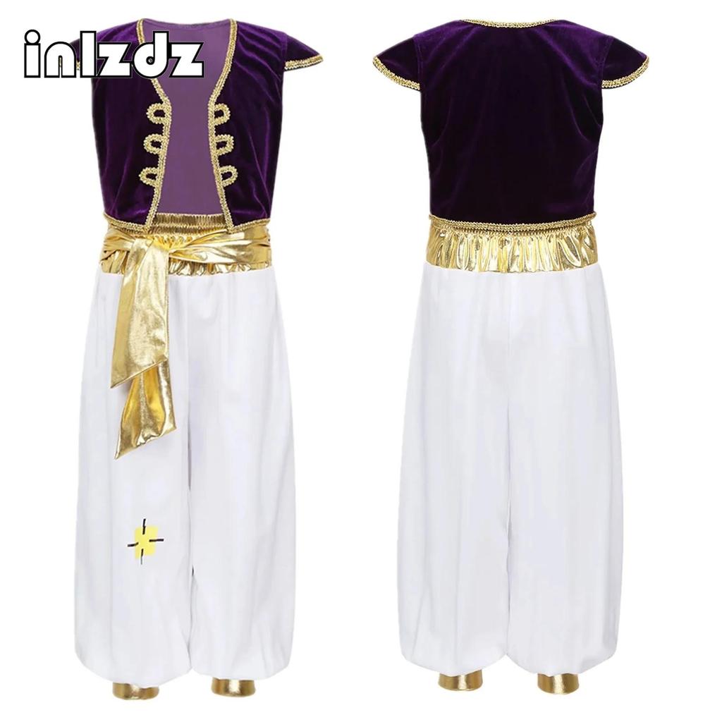 Boys Mythical Prince Arabian Carnival Cosplay Outfit Halloween Party Arabian Prince Role Play Waistcoat Vest Top+Belted Pants