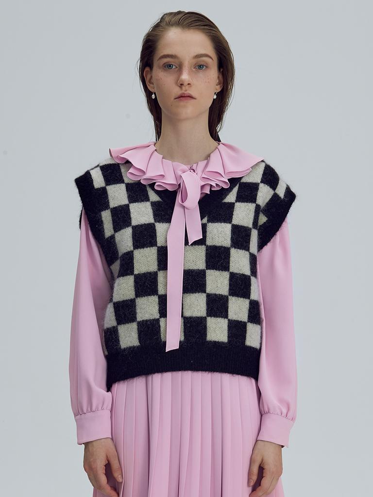 BEMUSE MANSION Kid-Mohair Checkerboard Vest - Black