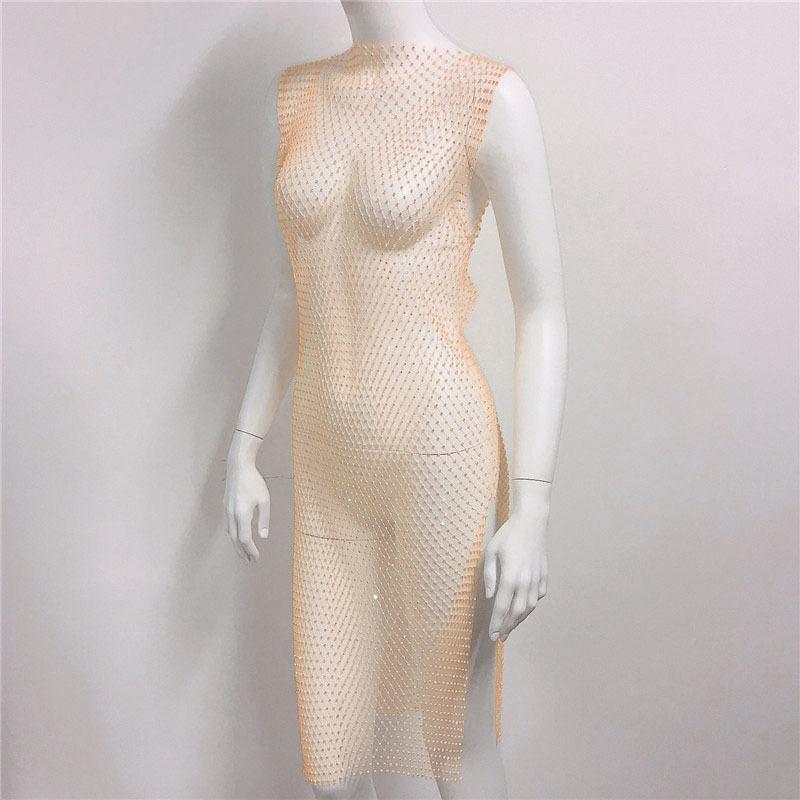Crystal Diamond Beach Dress Women Sexy V Neck Hollow Out Rhinestone Sleeveless Bodycon Dress 2021 Mesh Party Dresses #0729
