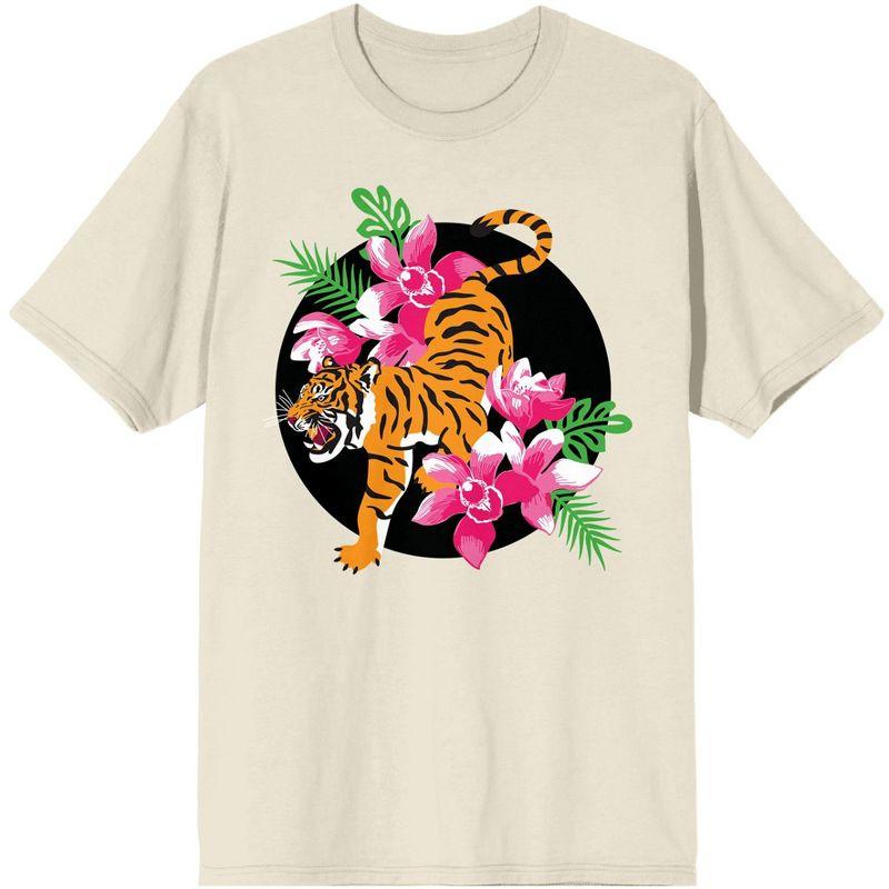 Natural World Tiger And Tropical Flowers Men s Natural T-Shirt-Medium L