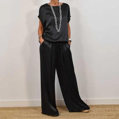 Damen-Set aus seidigem Satin, zweiteilig, lässig, Rundhalsausschnitt, kurzärmliges Oberteil, weites Bein, Hose, lockeres Loungewear-Outfit für Frühling und Sommer