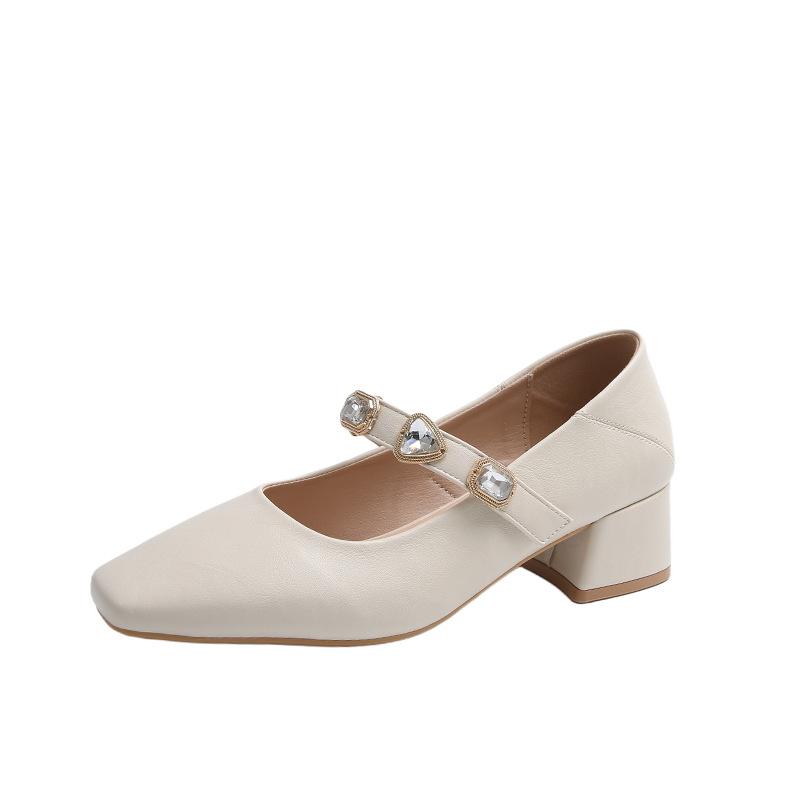 

New fashion temperament small square head love rhinestone buckle with shallow mouth Mary Jane single shoes women 40 бежевый