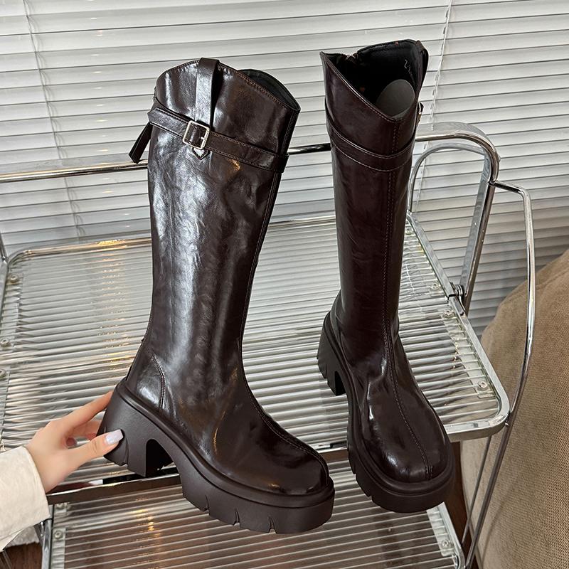 Autumn Winter Platform Thick Heel Women Knight High Boots Cosy Soft Leather Street Style Mordern Long Booties  De Mujes