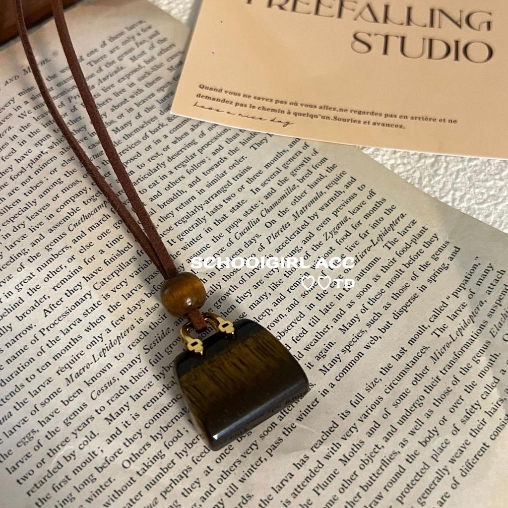 Retro Layered Tiger Eye Stone Pendant Necklaces for Girls Women Natural Stones Double-Layer Maillard Necklace Jewelry Gifts