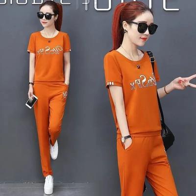 Women's Korean Loose Sports Suit  Spring Summer  Short Sleeve Tops and Pant Two Piece Sets Student Casual Running Outfits