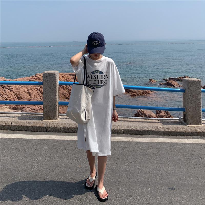 Women's Letter Print T-shirt Dress Summer Straight-leg Split Dress Slimming Casual Long Dress