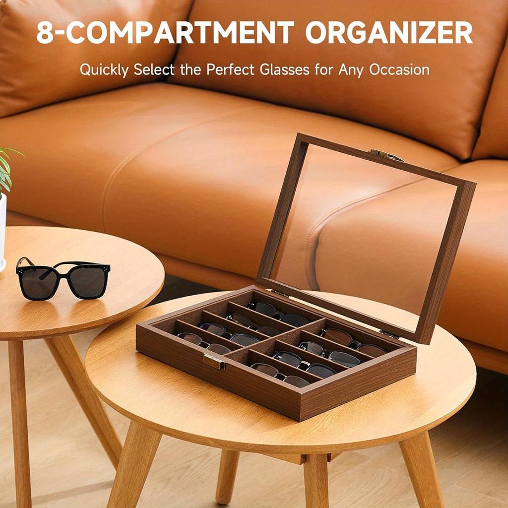 1pc 8 Grids Sunglasses Wooden Transparent Retro Storage Box with Latch, Velvet Display Cabinet,suitable for Women&men,lockable Multi Pair Glasses.
