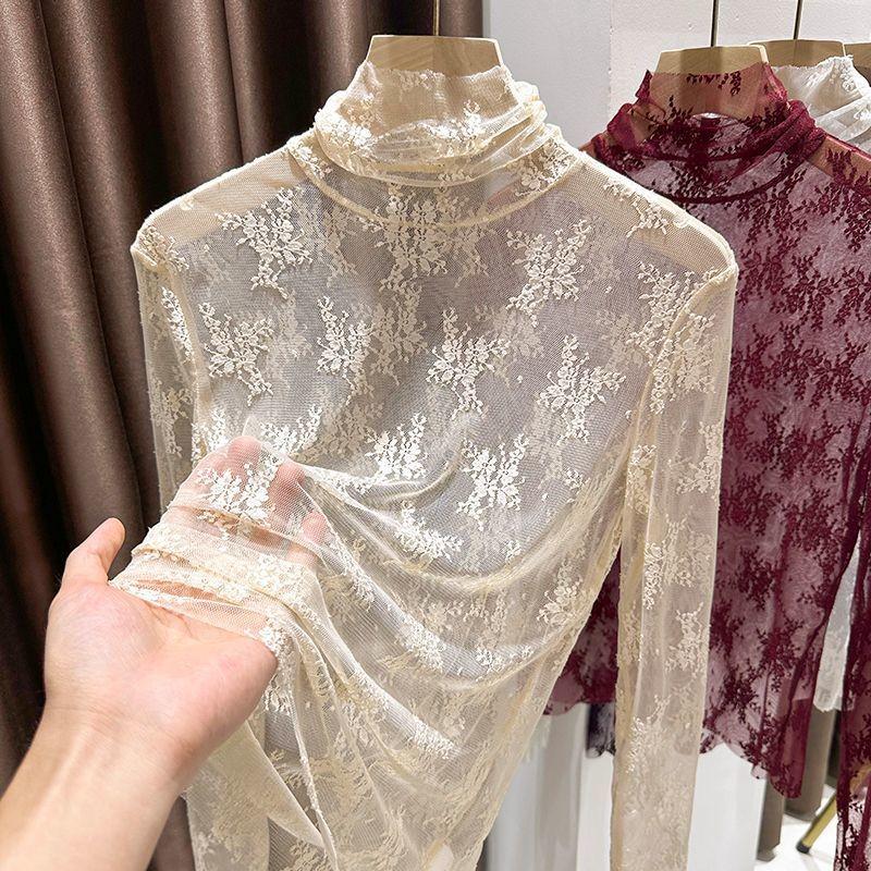 Women's Elegant Purple High-Neck Lace Top with Ruffled Edges