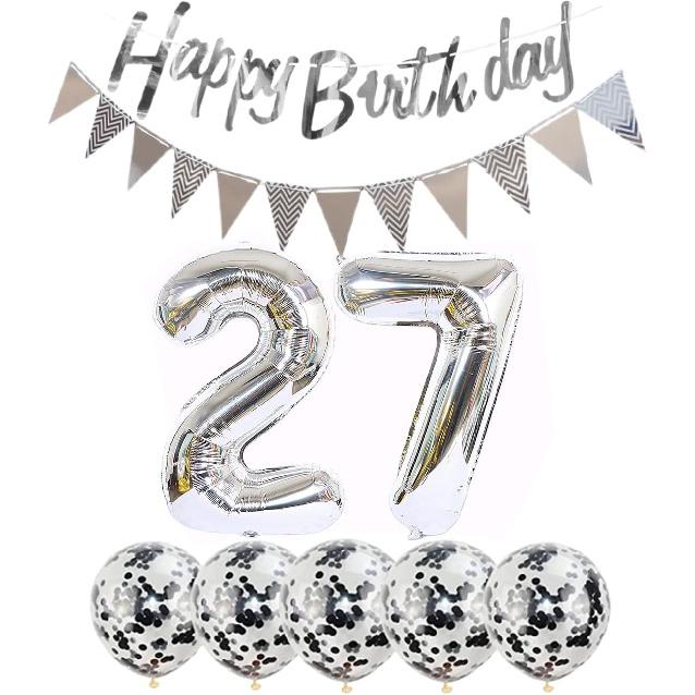 2 Balloons Number 27 + Happy Birthday Garland + Silver Banner foil Balloon 27th Birthday Decoration+5 Confetti Balloons boy Girl 27 Year Birthday
