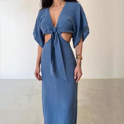 Women's Sexy Slim Waistline V-neck Dress Summer Hollow Backless Dress