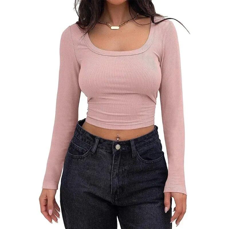 Autumn Slim Fit Square Neck Knit T-shirt Women Solid Long Sleeve Short Tshirts Female Fashion Tops Casual Sexy Tees Blusas 30288