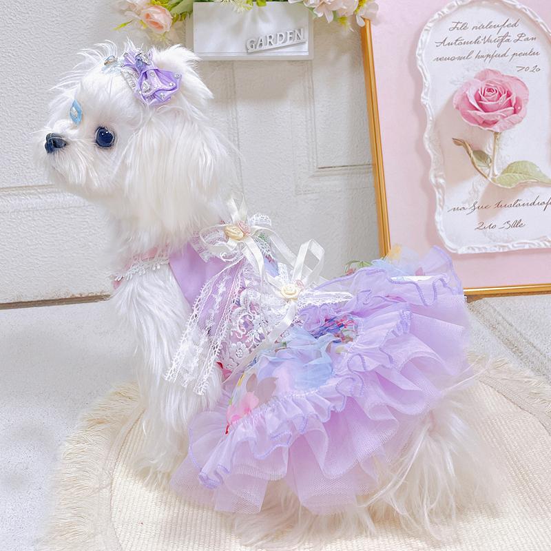 Fine Fashion Purple Lolita Princess Dress for Small Medium Dog Pet Dog Clothes Lace Print Bow Dress Yorkshire Poodle Puppy Skirt